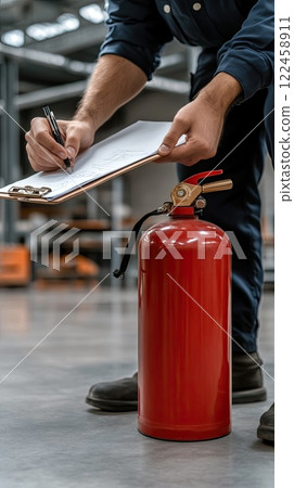 Mechanic worker in gloves inspects fire extinguisher and fills out safety checklist in industrial environment for compliance 122458911