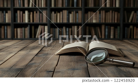 Open book lies on a wooden table with a magnifying glass beside it in a modern library setting, inviting exploration and knowledge Open book lies on a wooden table with a magnifying glass beside it in a modern library setting, inviting exploration and knowledge 122458920