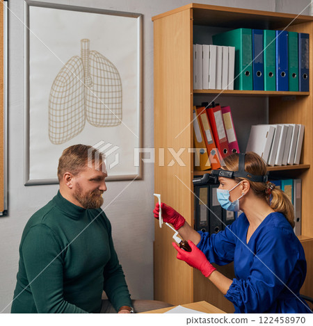 Woman in blue medical coat, doctor in protective gloves and mask, conducting nasal examination using swab on male patient in clinic. 122458970