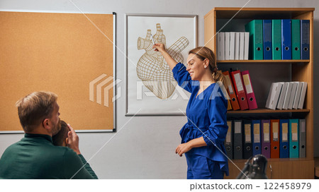 Smiling woman, doctor in clinical setting pointing to medical diagram of the human heart, educating young boy and his father during consultation. Smiling woman, doctor in clinical setting pointing to medical diagram of the human heart, educating young boy and his father during consultation. 122458979