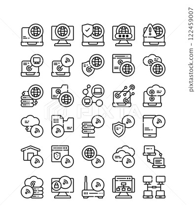network connection cyber technology line icon set 122459007