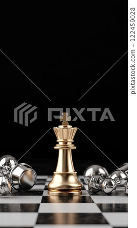 A golden chess piece rises above its silver adversaries, which lay defeated on a dark chessboard, evoking a sense of victory 122459028