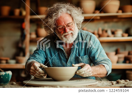 Middle aged man enjoying his first experience at a pottery wheel while shaping clay indoors 122459104