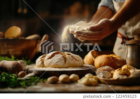 Baker prepares dough with flour on a clean countertop in warm light setting Baker prepares dough with flour on a clean countertop in warm light setting 122459123