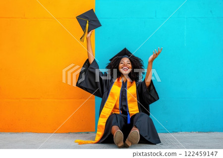 Young woman celebrates graduation with joy by tossing cap in the air against colorful backdrop Young woman celebrates graduation with joy by tossing cap in the air against colorful backdrop 122459147