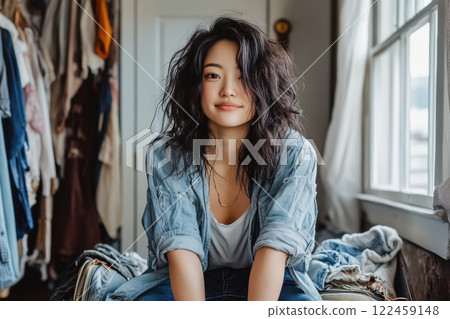 Young woman planning her first solo trip while folding clothes in front of an open suitcase 122459148