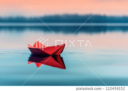 Small paper boat begins its journey on calm water with serene reflections at dawn 122459152