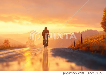 Cyclist readies for first long ride on a country road during a beautiful sunrise 122459153
