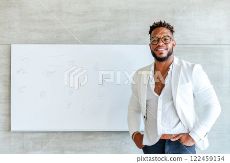 Confident man prepares for a presentation in a modern conference room with a whiteboard 122459154