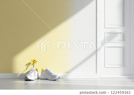New running shoes by an open door with sunlight streaming in on a clean floor 122459161