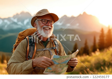 Elderly man excitedly studies map at scenic mountain trailhead during bright day 122459177