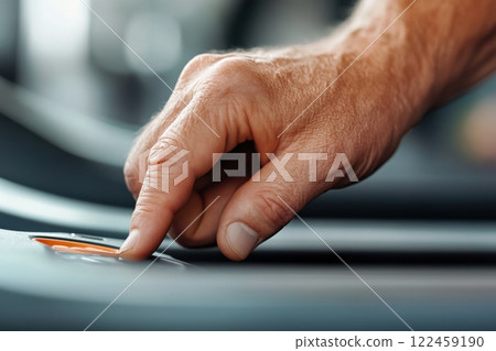 Starting a new fitness journey by pressing the start button on a treadmill Starting a new fitness journey by pressing the start button on a treadmill 122459190