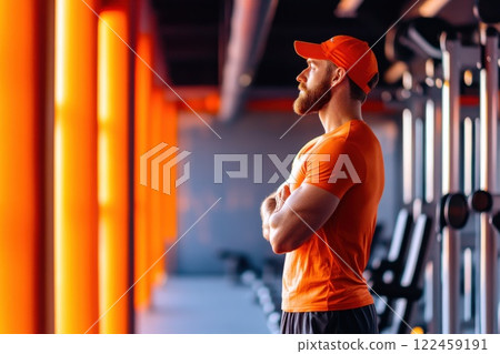 Man stretches in an empty gym while preparing for an energizing workout session 122459191