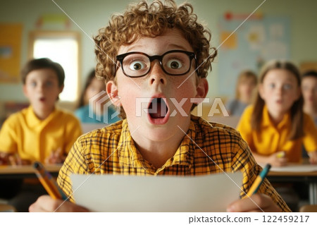 Children engage in creative drawing activity in a bright classroom filled with excitement 122459217