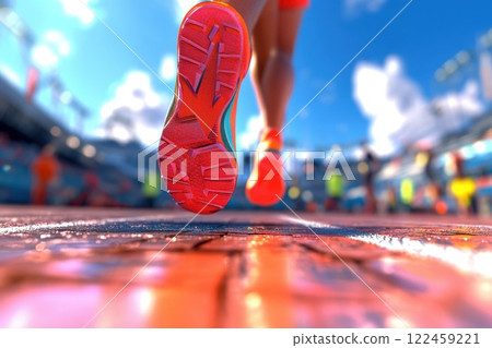 Runner preparing to start race on stadium track with bright sunlight illuminating the scene 122459221