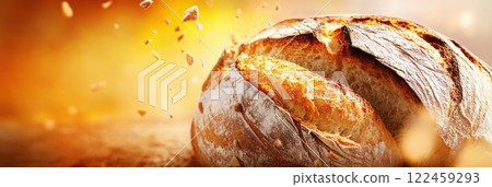 Slicing warm bread fresh from the oven with golden crust and inviting aroma Slicing warm bread fresh from the oven with golden crust and inviting aroma 122459293