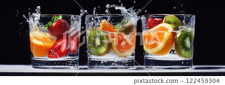 Fruit slices splash into water creating vibrant mid air capture of freshness and flavor 122459304