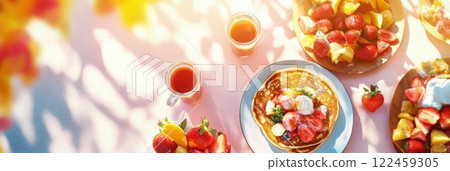 Family enjoying a sunny breakfast with pancakes coffee and fresh fruit at a dining table 122459305