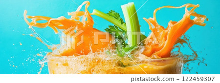 Flying soup ingredients create a vibrant splash in bright air above a pot 122459307