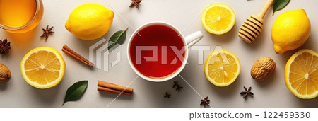 Enjoying a warm cup of tea with fresh lemon honey and spices on a light surface Enjoying a warm cup of tea with fresh lemon honey and spices on a light surface 122459330