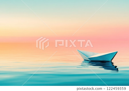 Small paper boat floats gracefully on calm water at sunrise symbolizing new beginnings and journeys 122459359