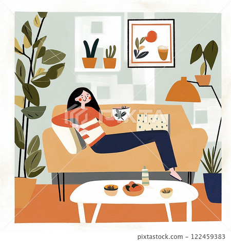 A living room with a young woman relaxing on a comfy sofa, holding a bowl. The drawing features a modern apartment with soft tones, a hipster vibe, and cozy furnishings, making it an inviting space 122459383