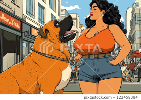 A curvy, beautiful woman with black hair, in a revealing summer outfit walks a large dog on a city street. An affectionate relationship between a young lady and her pet who are enjoying a sweet moment 122459384