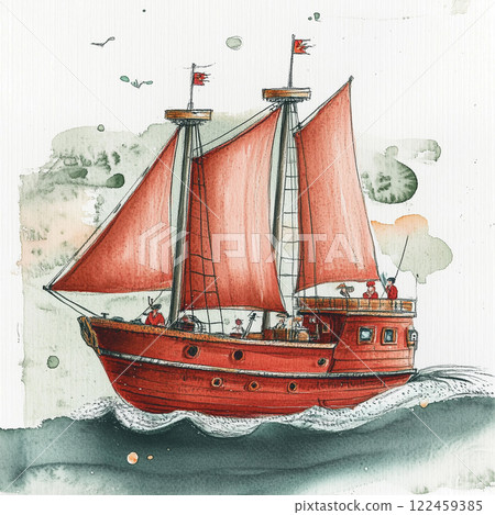 A little red schooner sails through the ocean waves, depicted in a watercolor illustration. This little sailing vessel, with its crew aboard, embarks on a maritime journey. AI-generated 122459385