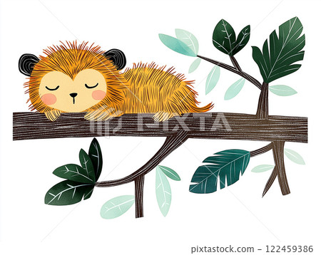 An adorable baby animal with closed eyes rests peacefully on a tree branch in a forest, looking sweet and tranquil. This cozy little cub, whether a monkey, red panda, or possum, snoozes soundly in its 122459386