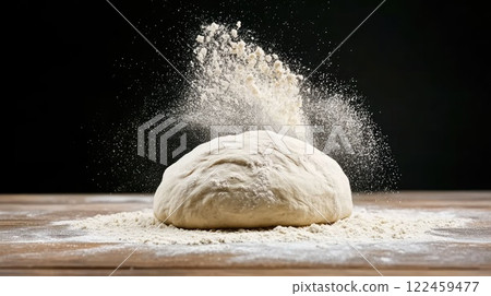 Dough ball on a wooden surface with flour dusting, captured from behind, showcasing action with flour flying in bright lighting 122459477