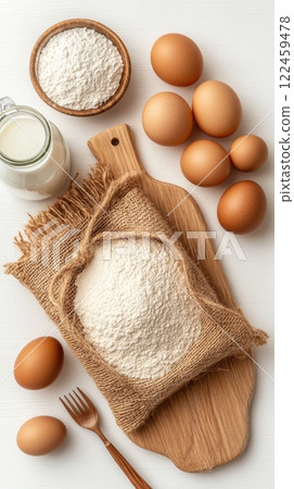 Flour is placed in a stainless steel bowl along with eggs, an oil jar, and a milk jug, all set on a wooden board 122459478