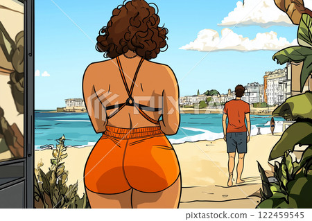 A shy lady wants has a crush on a handsome guy and wants to approach him. Rear view of the boyfriend walking away from a woman after an argument at the beach. AI-generated illustration 122459545
