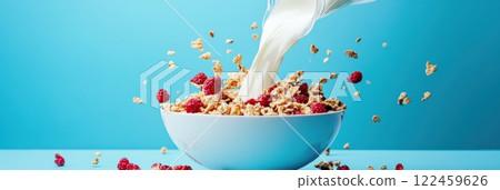 Vibrant moment of milk pouring into cereal with fruit and colorful splashes 122459626