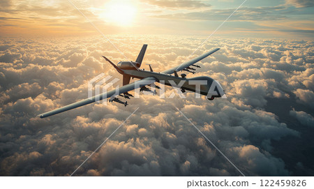 Military attack drone, unmanned aircraft flying above clouds. Concept of spy, intelligence, war, uav, weapon 122459826