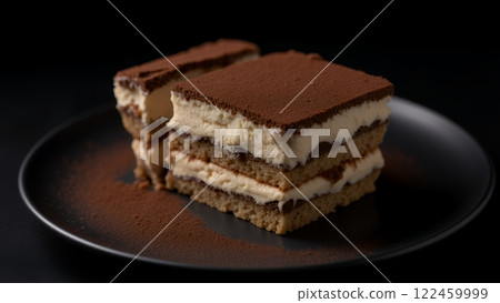 A light beige cream dusted with cocoa powder and dark brown ladyfingers are carefully layered on top of each other. 122459999