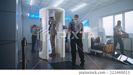 Airport Terminal Checkpoint: Diverse People Walking Through Metal Detector Gates 122460013