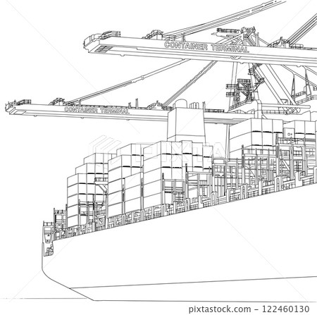 Container Ship and Port Cranes Line Art Illustration Container Ship and Port Cranes Line Art Illustration 122460130