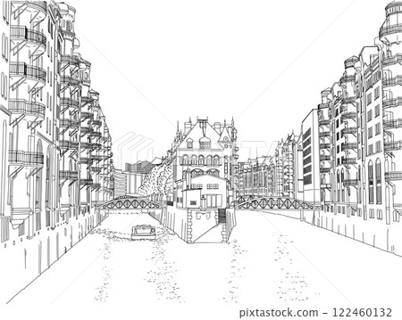 Wasserschloss in Speicherstadt, Hamburg, Line Art 122460132