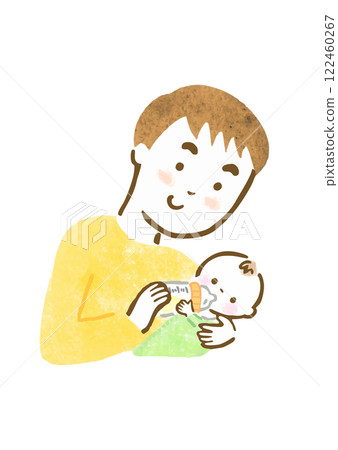 Hand-drawn illustration of a father feeding his baby 122460267