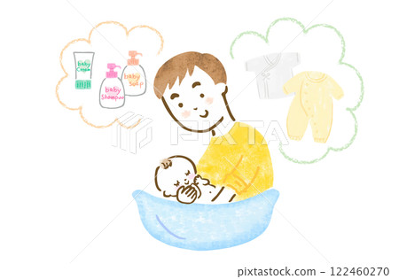 手繪插圖:父親幫嬰兒洗澡及相關配件 手繪插圖:父親幫嬰兒洗澡及相關配件 122460270