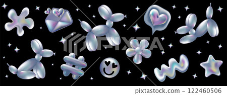 3d holographic retro 90 stickers set. Chrome Ballon Dog, Hashtag, Like, Star, Daisy Flowers, Smile in Y2K style isolated on black. Future galaxy aesthetic, 3D chrome bubble art. Metal glossy art. 3d holographic retro 90 stickers set. Chrome Ballon Dog, Hashtag, Like, Star, Daisy Flowers, Smile in Y2K style isolated on black. Future galaxy aesthetic, 3D chrome bubble art. Metal glossy art. 122460506