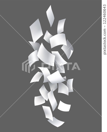 Falling paper sheets. Set of flying curved leaves of paper. Vector loose soar of notes with curled edges. Fly scattered notes, empty chaotic paperwork 122460643
