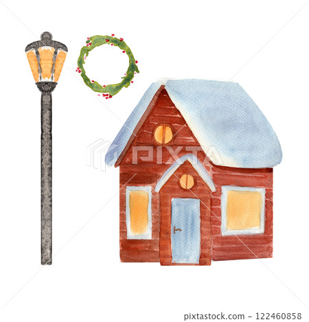 Log house with snow on the roof top, street light, Christmas wreath isolated on white background. High quality architecture watercolor illustration perfect for cards, as a landscape element. Cozy clip 122460858