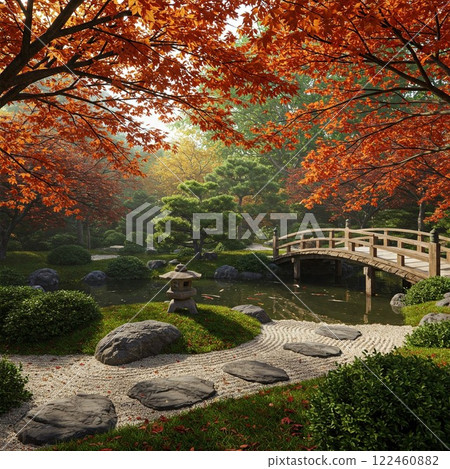 Japanese garden with autumn leaves 122460882