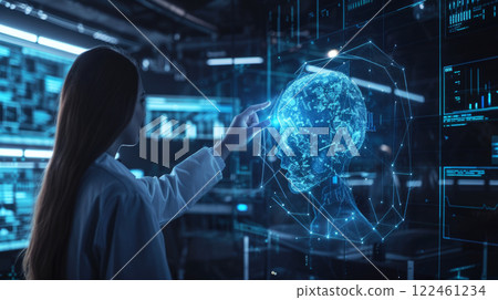 Female researcher works with 3d model of artificial intelligence in dark laboratory. Engineer uses digital technology in future. Concept of data, AI, futuristic tech, science 122461234