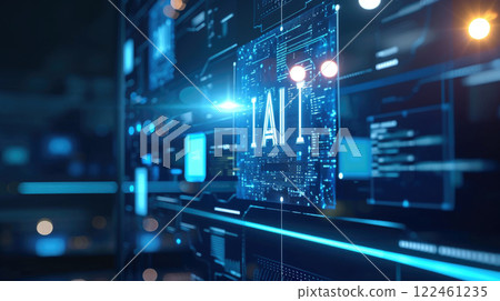Computer dashboard of AI in dark lab or control room, futuristic interface, digital screen of artificial intelligence in future. Concept of technology, data, hud, ui, cyber security Computer dashboard of AI in dark lab or control room, futuristic interface, digital screen of artificial intelligence in future. Concept of technology, data, hud, ui, cyber security 122461235
