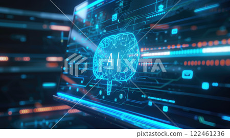 Computer screen of AI in dark control room, futuristic interface, digital dashboard of artificial intelligence. Concept of technology, data, hud, ui, innovation, lab, monitor 122461236