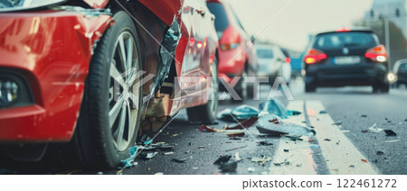 Car after collision on city road close-up, damage of vehicle due to accident on highway. Concept of auto, crash, traffic, insurance, wreck, safety 122461272
