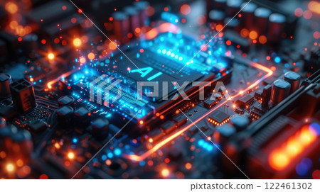 Futuristic AI processor and bright blue energy on circuit board, neon glowing core of artificial intelligence on lights background. Concept of computer technology, chip, data, 122461302