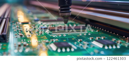 Automated assembly of circuit board, mount of microchip in pcb at semiconductor factory. Detail of machine line in computer plant. Concept of chip, technology, industry, production. Automated assembly of circuit board, mount of microchip in pcb at semiconductor factory. Detail of machine line in computer plant. Concept of chip, technology, industry, production. 122461303